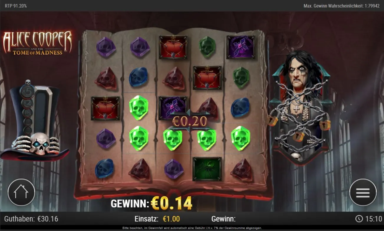 Alice Cooper and the Tome of Madness Slot Spielbildschirm mit gruseligen Symbolen und Gewinnanzeige