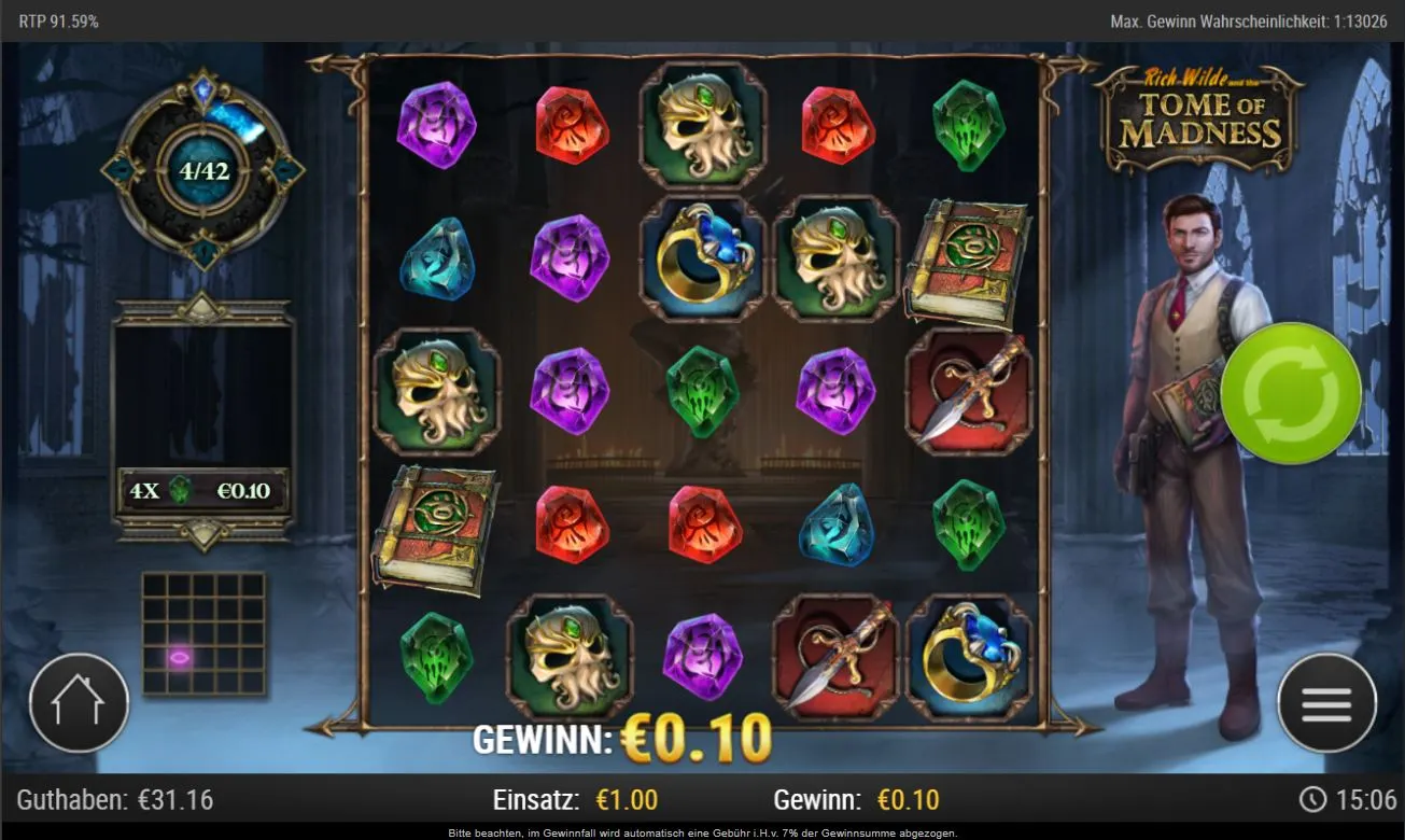 Rich Wilde and the Tome of Madness Slot Bildschirm mit Edelstein-Symbolen und Spielfigur in dunkler Kathedrale