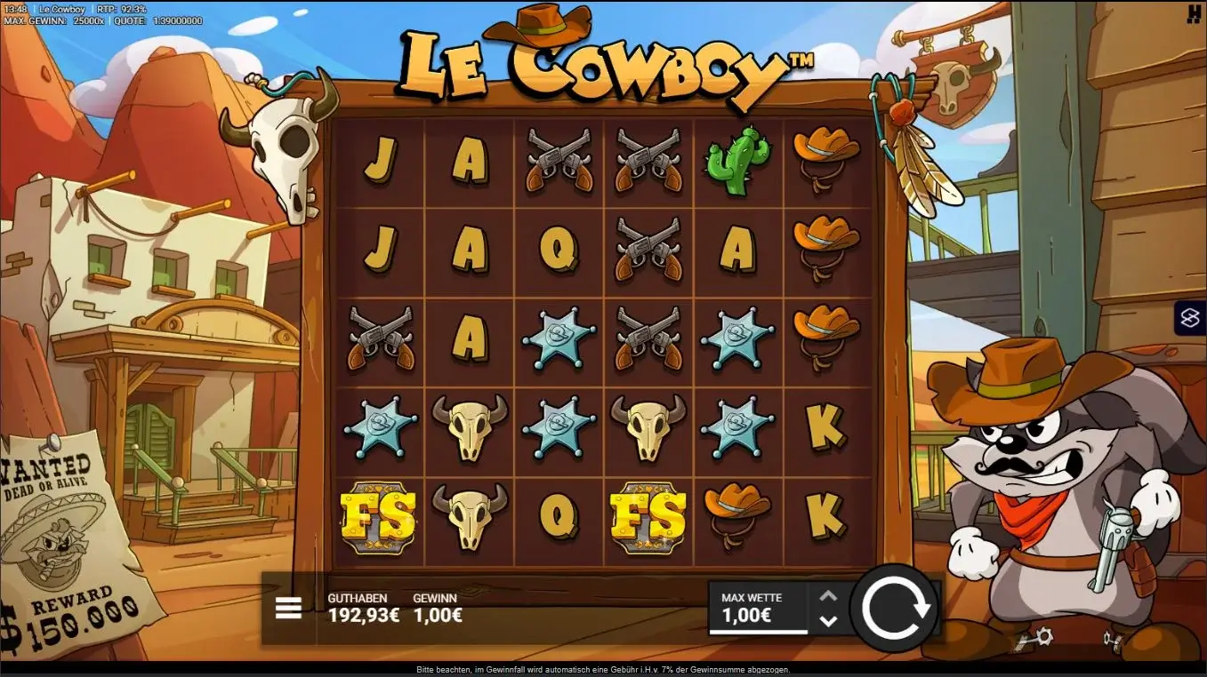 Le Cowboy Ingame Screenshot mit 6x5 Walzen, ClusterPays, 92,30 % RTP und 25.000x Höchstgewinn