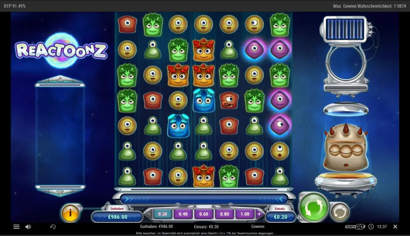 Reactoonz Slot Ingame-Ansicht mit bunten Monstern, Einsatz 0,20 €, Guthabenanzeige und Gargantoon auf der rechten Seite.