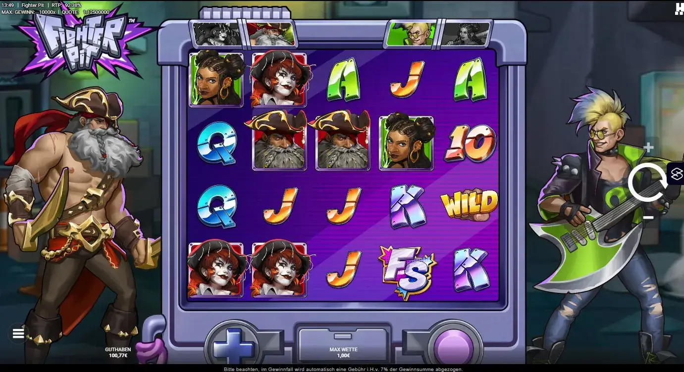 Fighter Pit Slot Gameplay mit Charakteren, Symbolen, Wild und Freispiele Feature