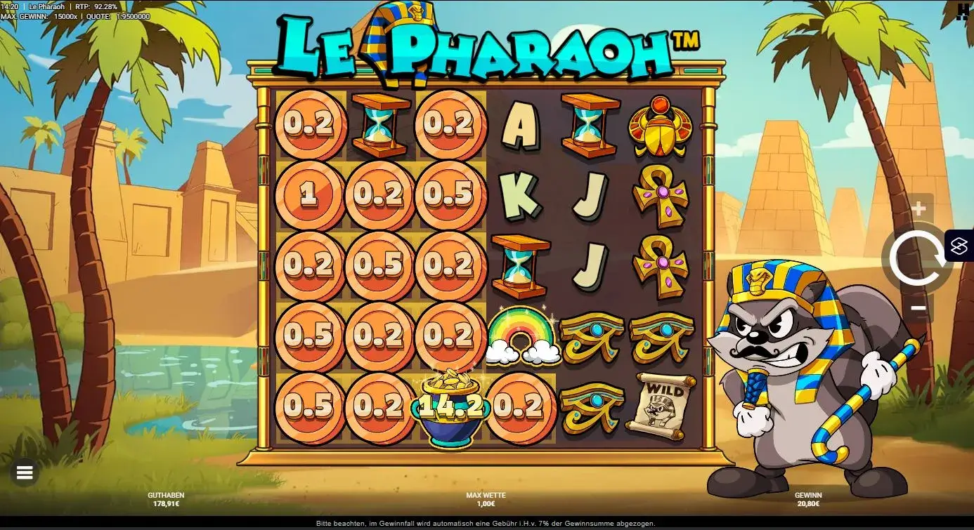 Le Pharaoh Ingame Screenshot mit 6x5 Walzen, 19 Gewinnlinien, 92,26 % RTP und 15.000x Höchstgewinn