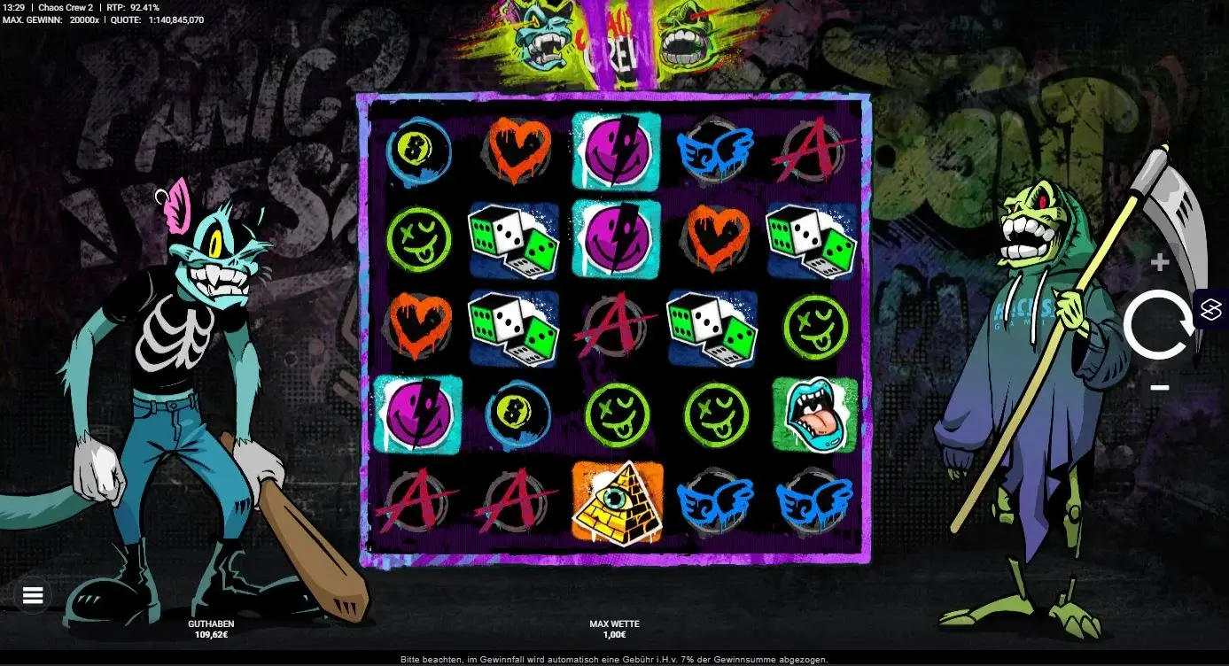 Chaos Crew 2 Slot Gameplay mit Graffiti Symbolen, Dice Symbolen und urbanem Slot Design