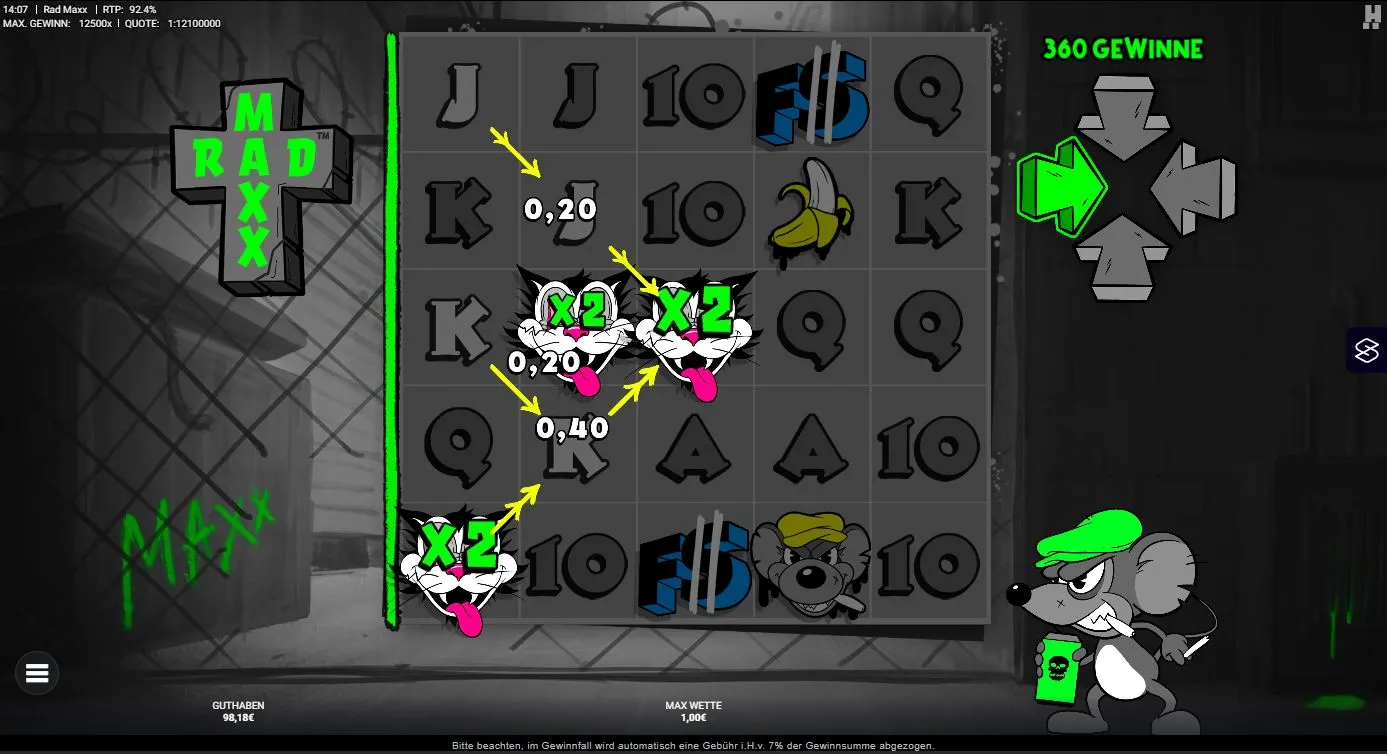 Rad Maxx Slot Gameplay mit Multiplikatoren x2 und Gewinnkombinationen