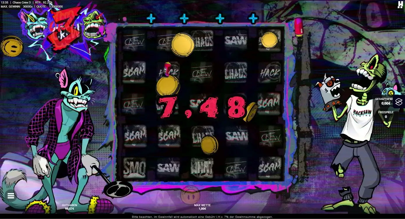 Chaos Crew 3 Slot Gameplay mit Coin Symbolen und urbanem Graffiti Design