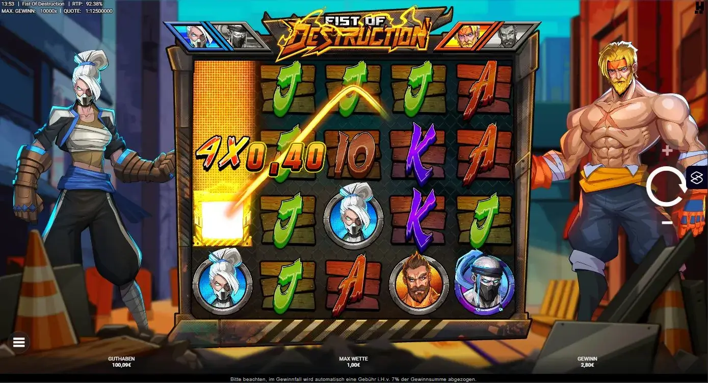 Fist of Destruction Slot Gameplay mit Kämpfer Charakteren und Gewinnlinie