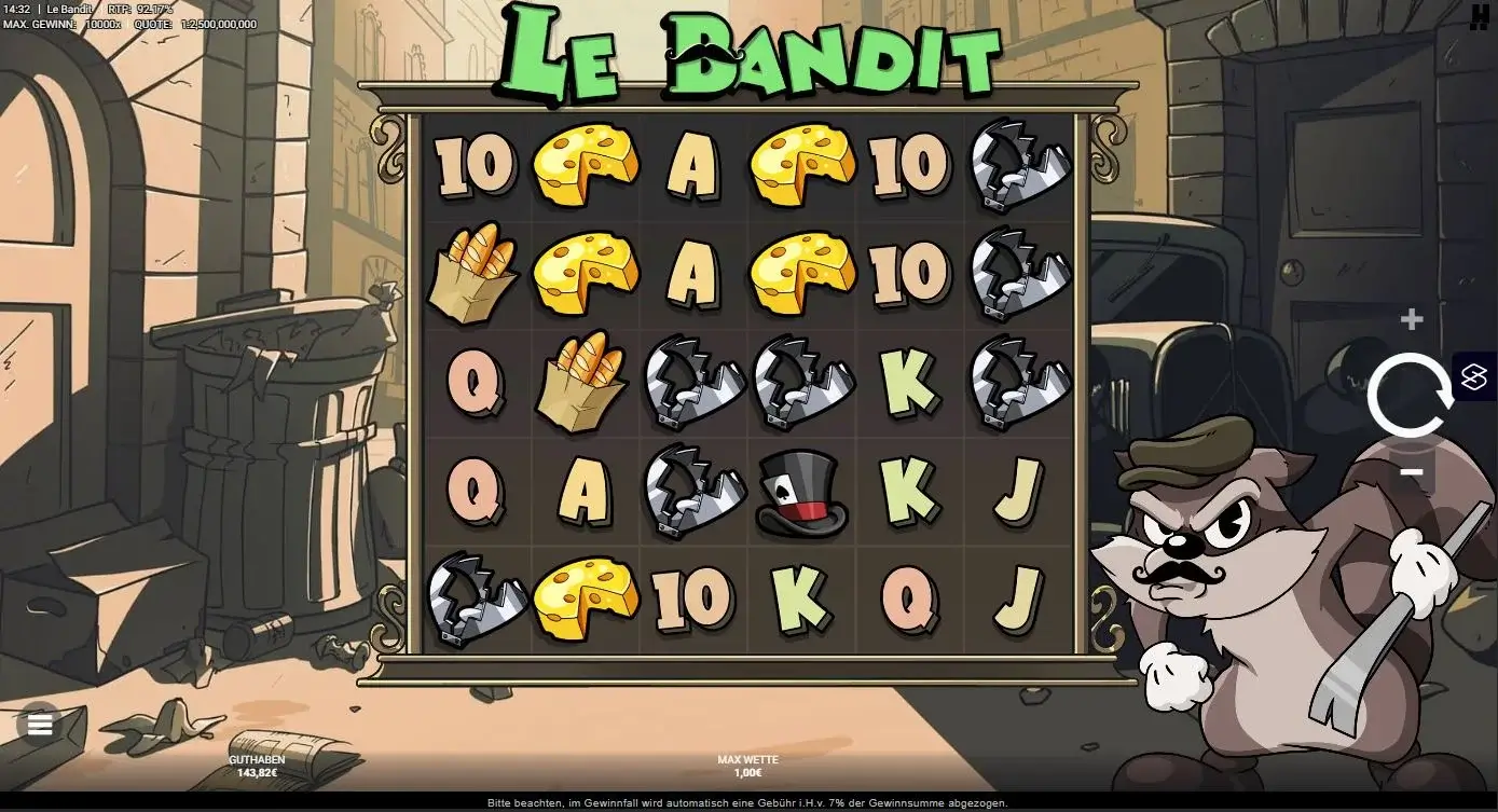 Le Bandit Ingame Screenshot von Hacksaw Gaming mit 6x5 Walzen, ClusterPays, 92,17 % RTP und 10.000x Höchstgewinn