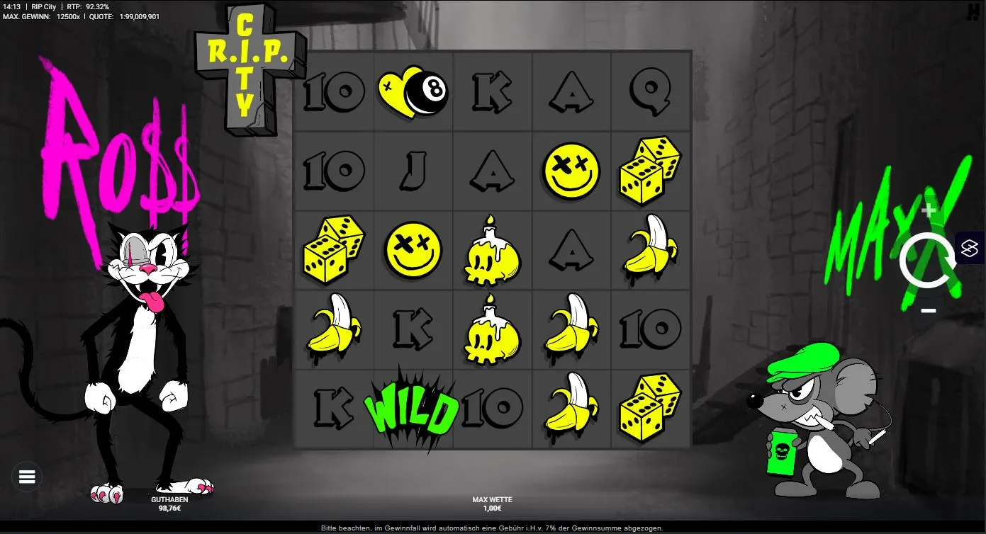 RIP City Slot Gameplay mit Cartoon Katze, Maus, Wild Symbol und Multiplikatoren