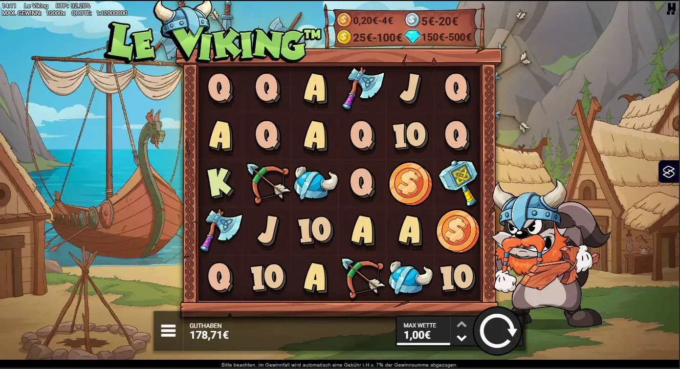 Le Viking Ingame Screenshot mit 6x5 Walzen, 15.625 Gewinnwegen, 92,28 % RTP und 10.000x Max Gewinn