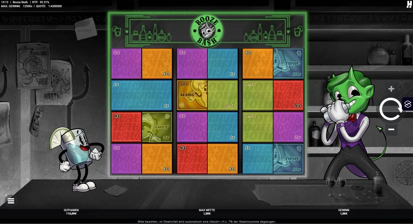 Booze Bash Gameplay mit Symbolen, Multiplikatoren und Gewinnanzeige