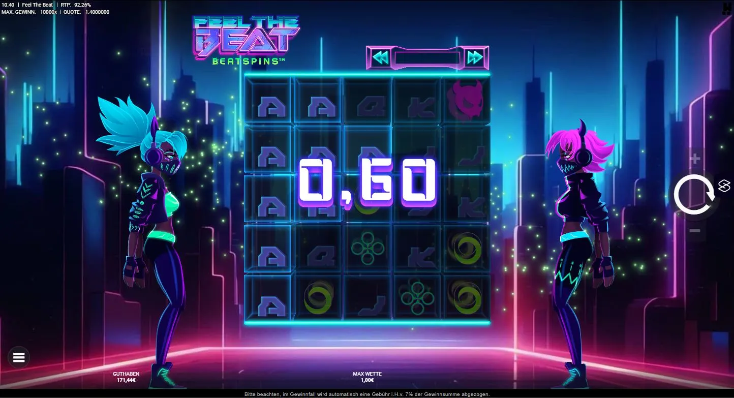 Gameplay des Feel The Beat Slots mit futuristischem Neon-Design und BeatSpins-Feature