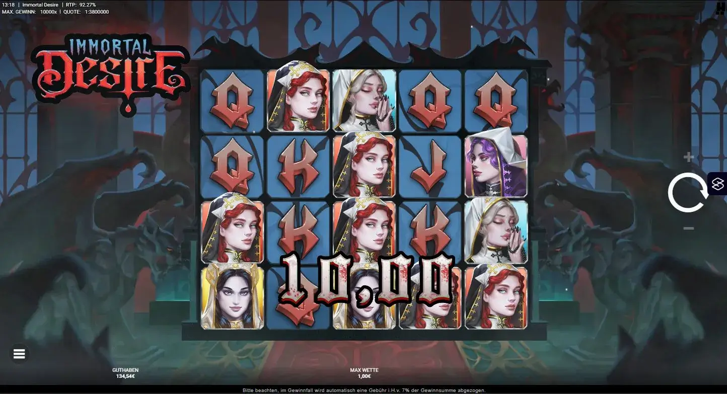 Gameplay des Immortal Desire Slots mit gotischem Design und Gewinn von 10,00