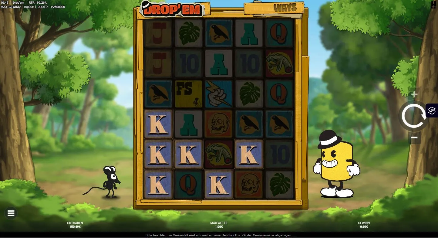 Gameplay des Drop’em Slots von Hacksaw Gaming mit Gewinnsymbolen und Waldkulisse