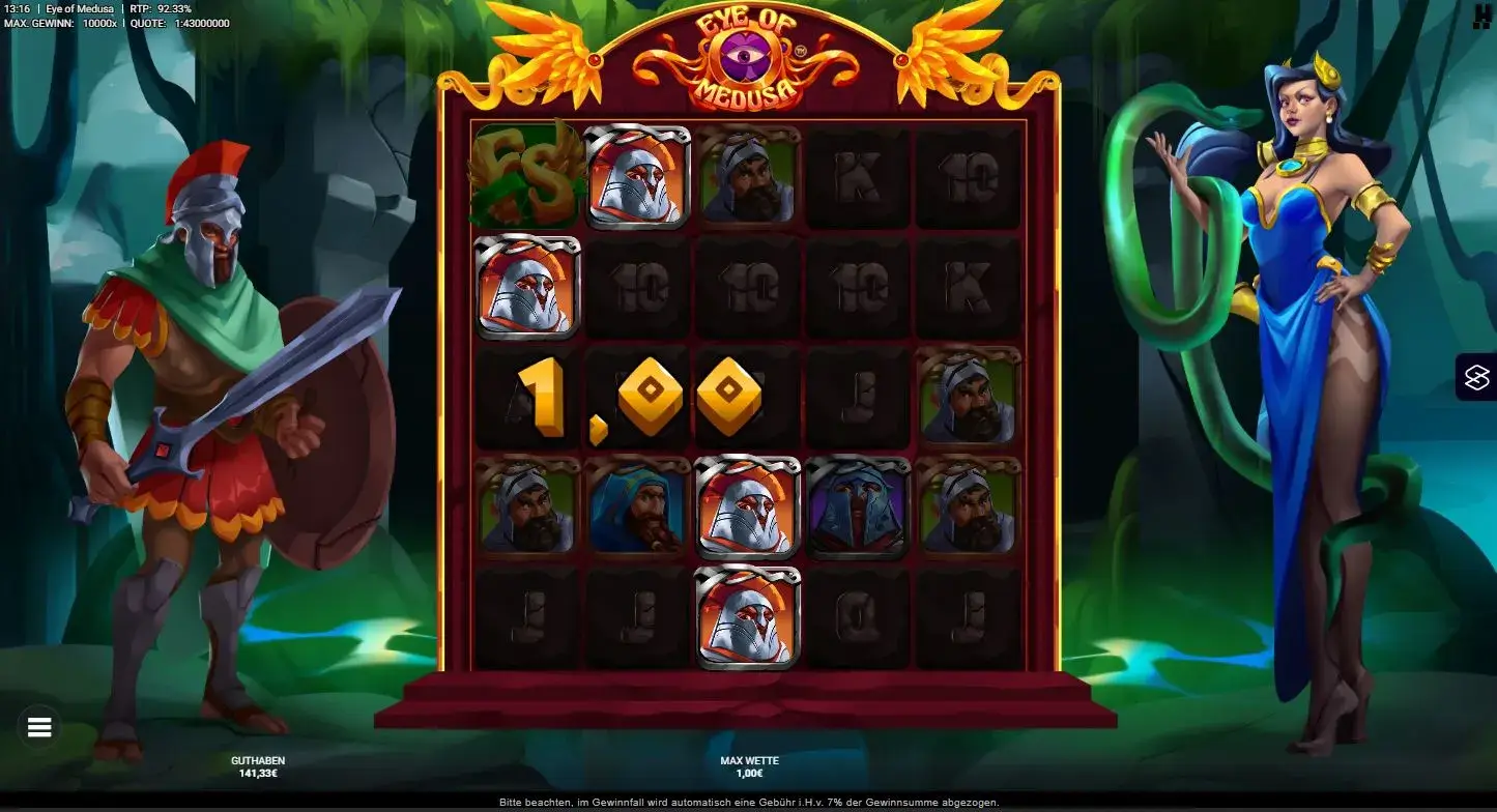 Gameplay des Eye of Medusa Slots mit Medusa-Figur und Symbolkombinationen
