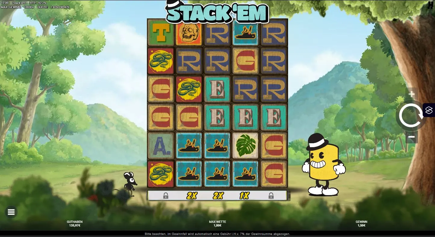 Gameplay des Stack’em Slots von Hacksaw Gaming mit Clusterpay-Walzen und Dschungel-Design