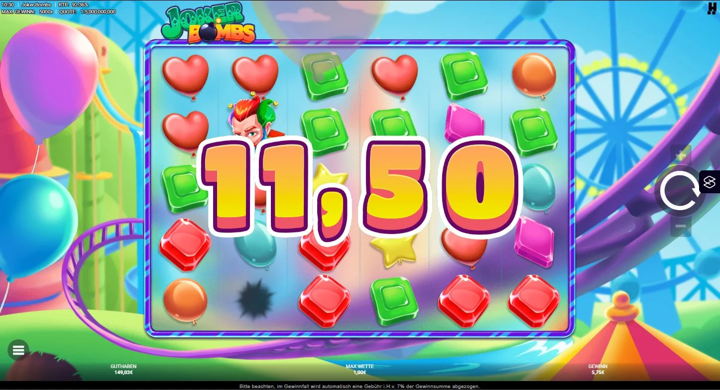 Gameplay des Joker Bombs Slots mit bunten Candy-Symbolen und Freizeitpark-Hintergrund