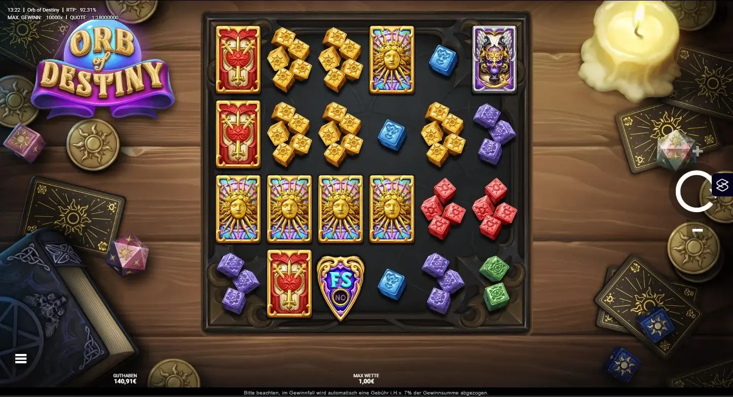 Gameplay des Orb of Destiny Slots mit Tisch-Design und verschiedenen Symbolen