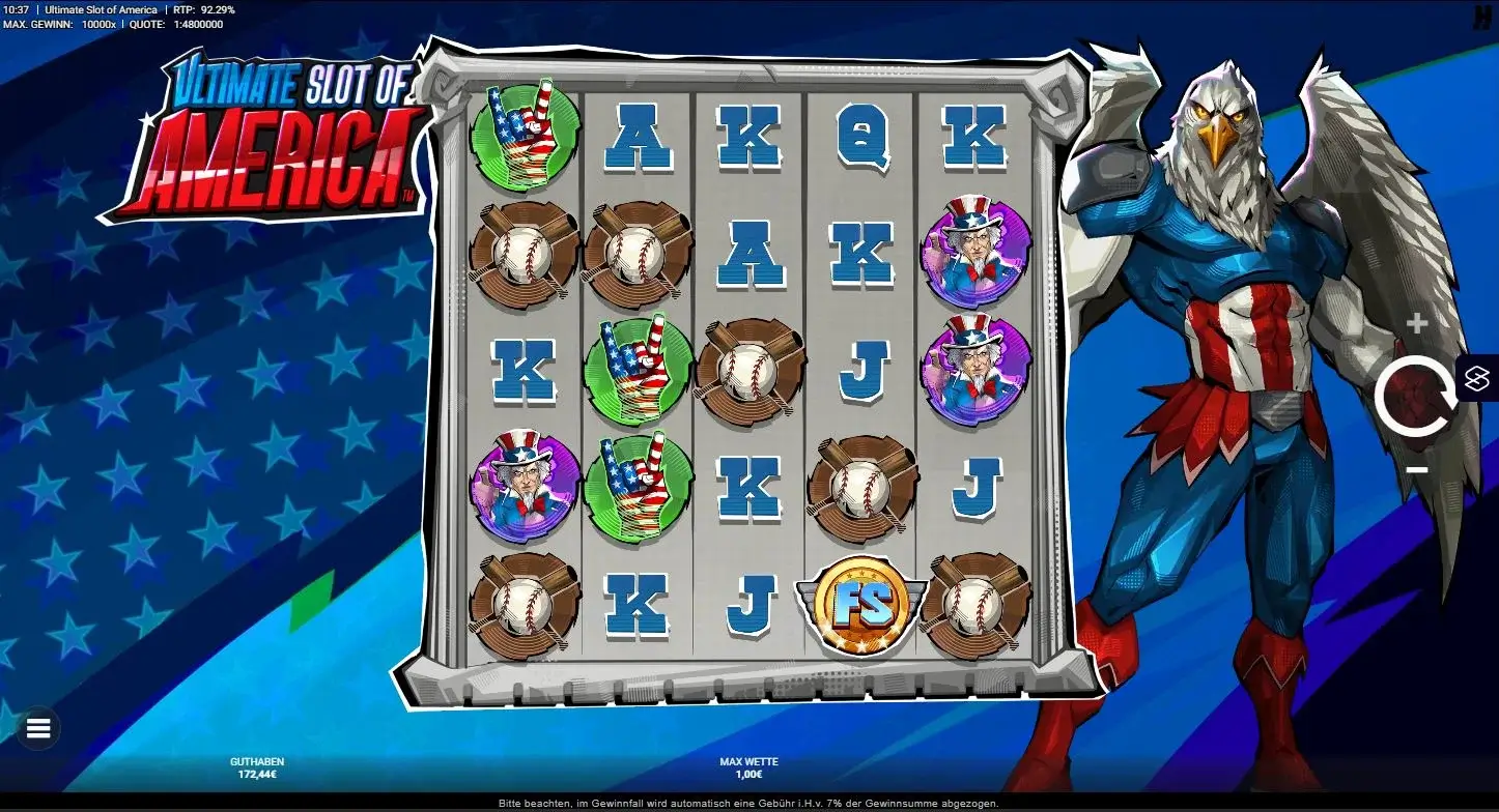 Gameplay des Ultimate Slot of America Slots mit US-Design und Superhelden-Charakter