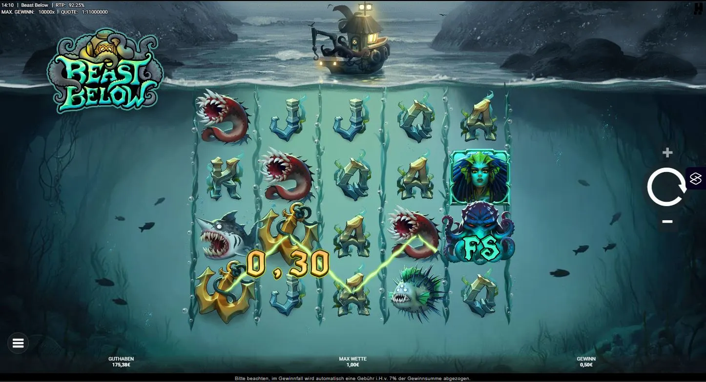 Beast Below Slot Gameplay mit Meeres-Symbolen und Gewinnanzeige