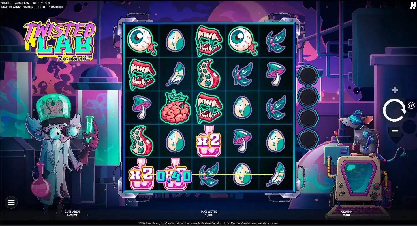 Gameplay des Twisted Lab RotoGrid Slots mit Labor-Design und mutierten Symbolen