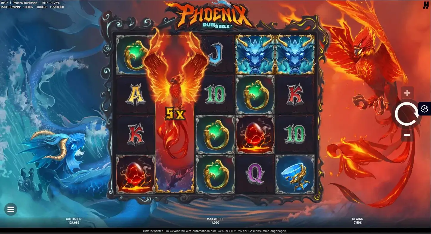 Gameplay des Phoenix DuelReels Slots mit Multiplikatoren, Drachen-Symbolen und Fantasy-Atmosphäre