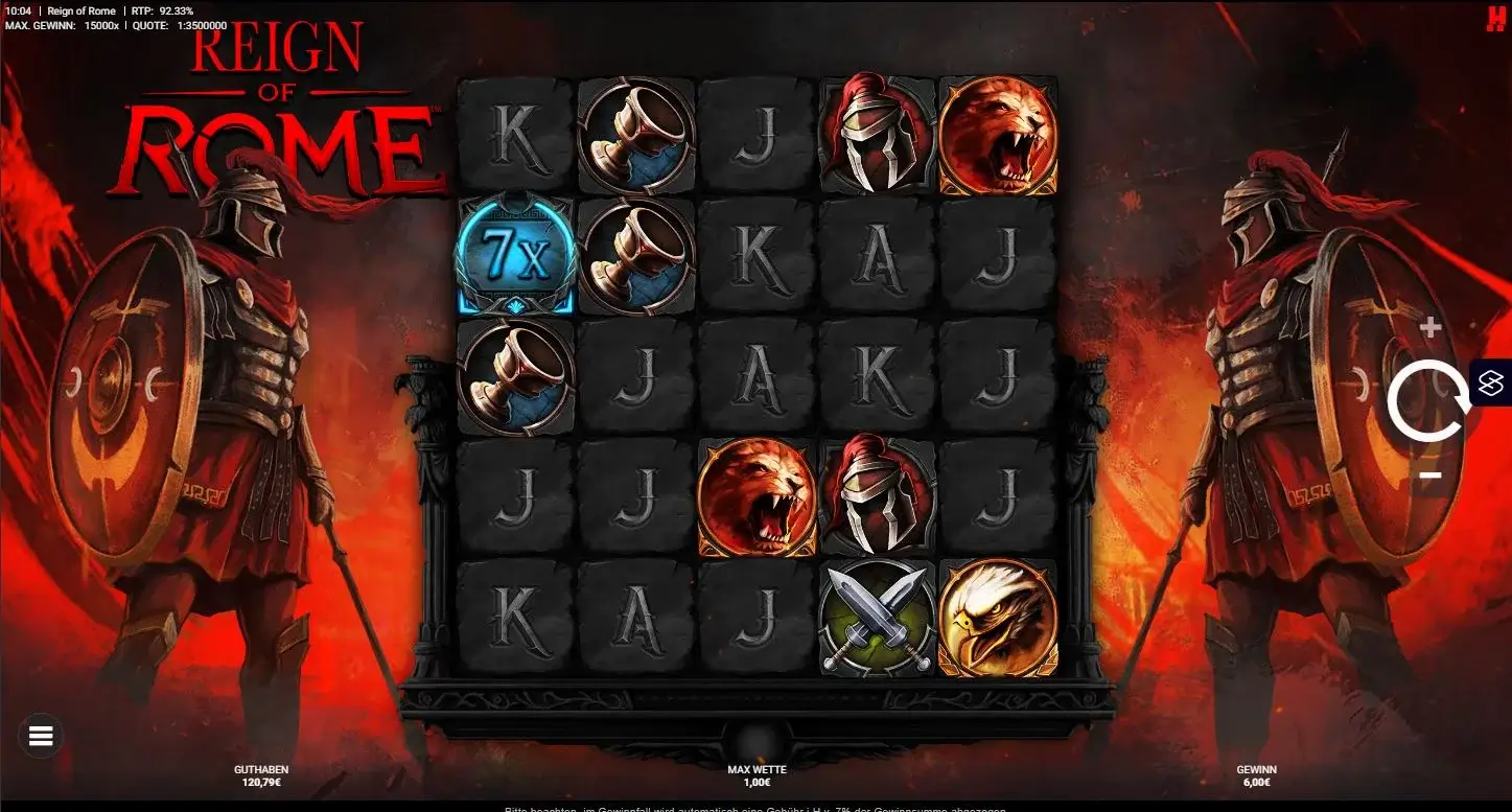 Gameplay des Reign of Rome Slots mit Multiplikator-Symbolen und Gladiatoren-Thema
