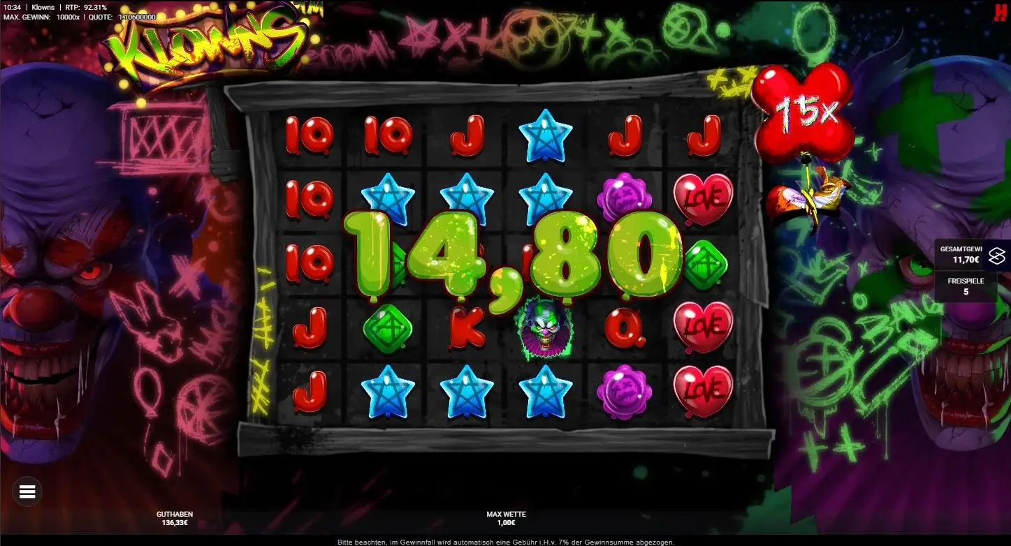 Gameplay des Klowns Slots mit Horror-Clowns, Neon-Graffiti und Scatter Pays