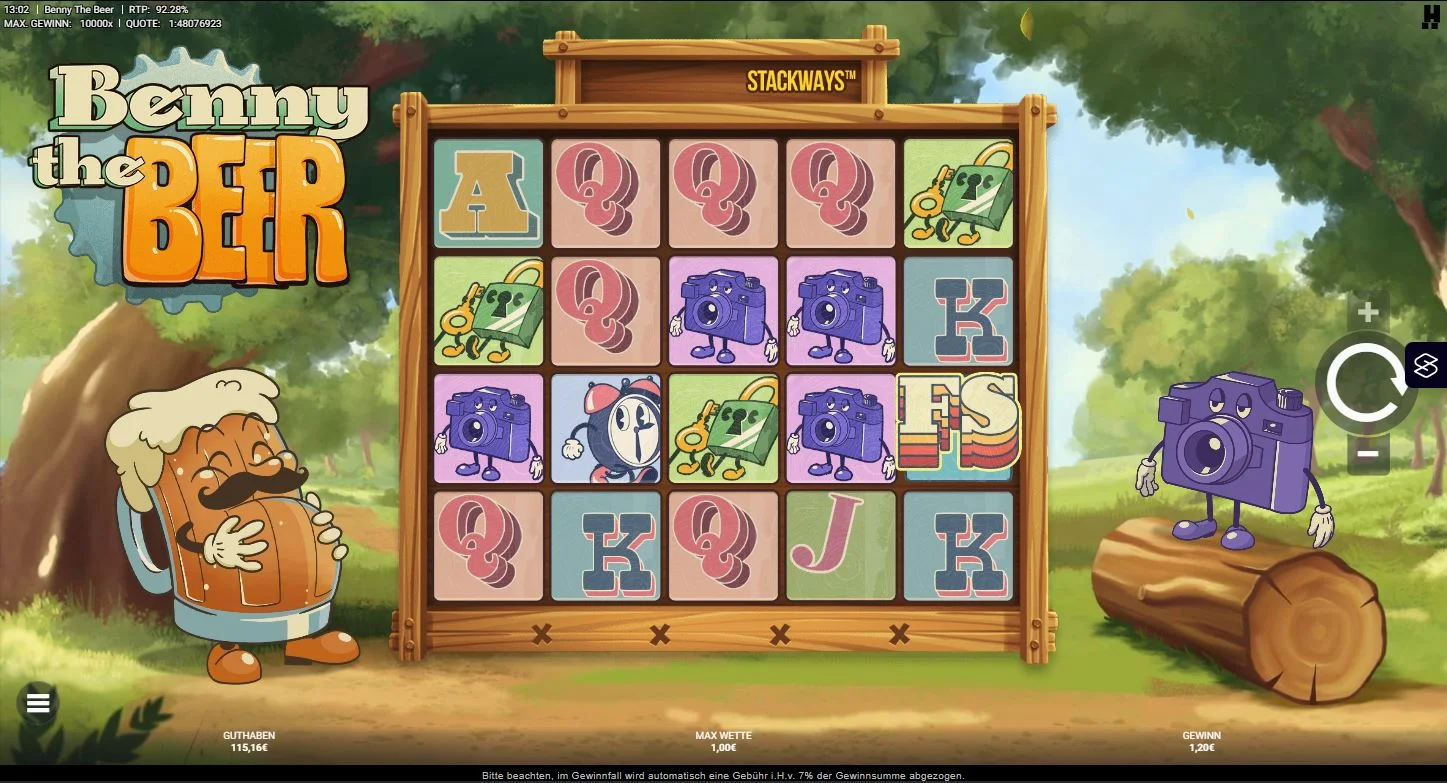 Benny the Beer Gameplay mit Bier-Symbolen und Gewinnanzeige