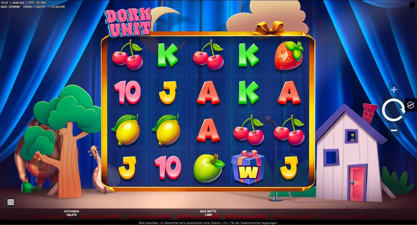 Gameplay des Dork Unit Slots mit Cartoon-Design, Fruchtsymbolen und Bonussymbolen