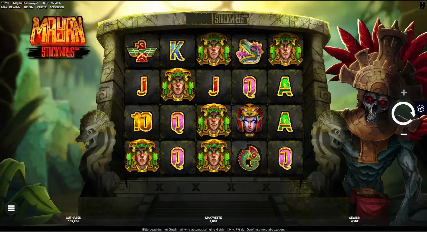 Gameplay des Mayan Stackways Slots mit vielen Gewinnmöglichkeiten und Symbolen