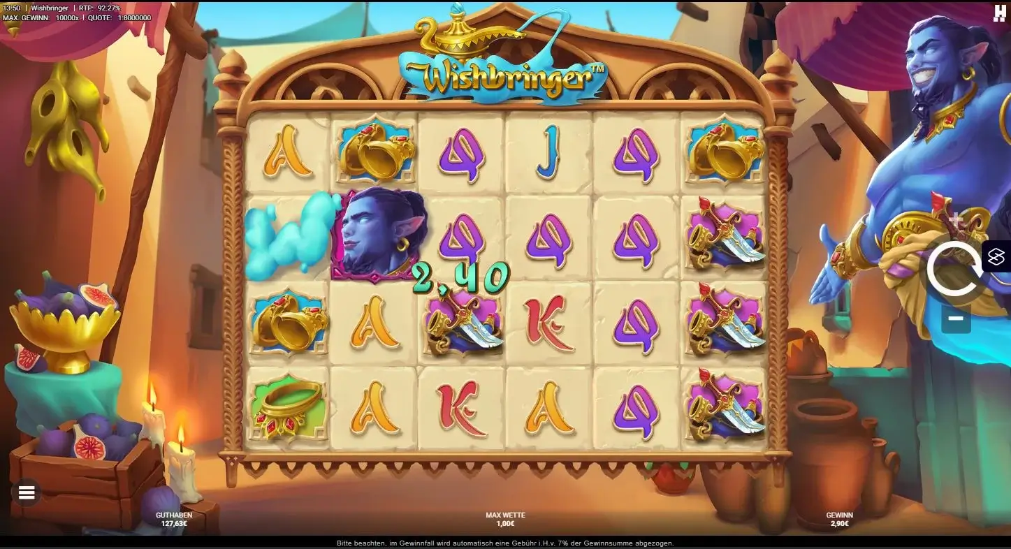Gameplay des Wishbringer Slots mit bunten Symbolen und Gewinnanzeige