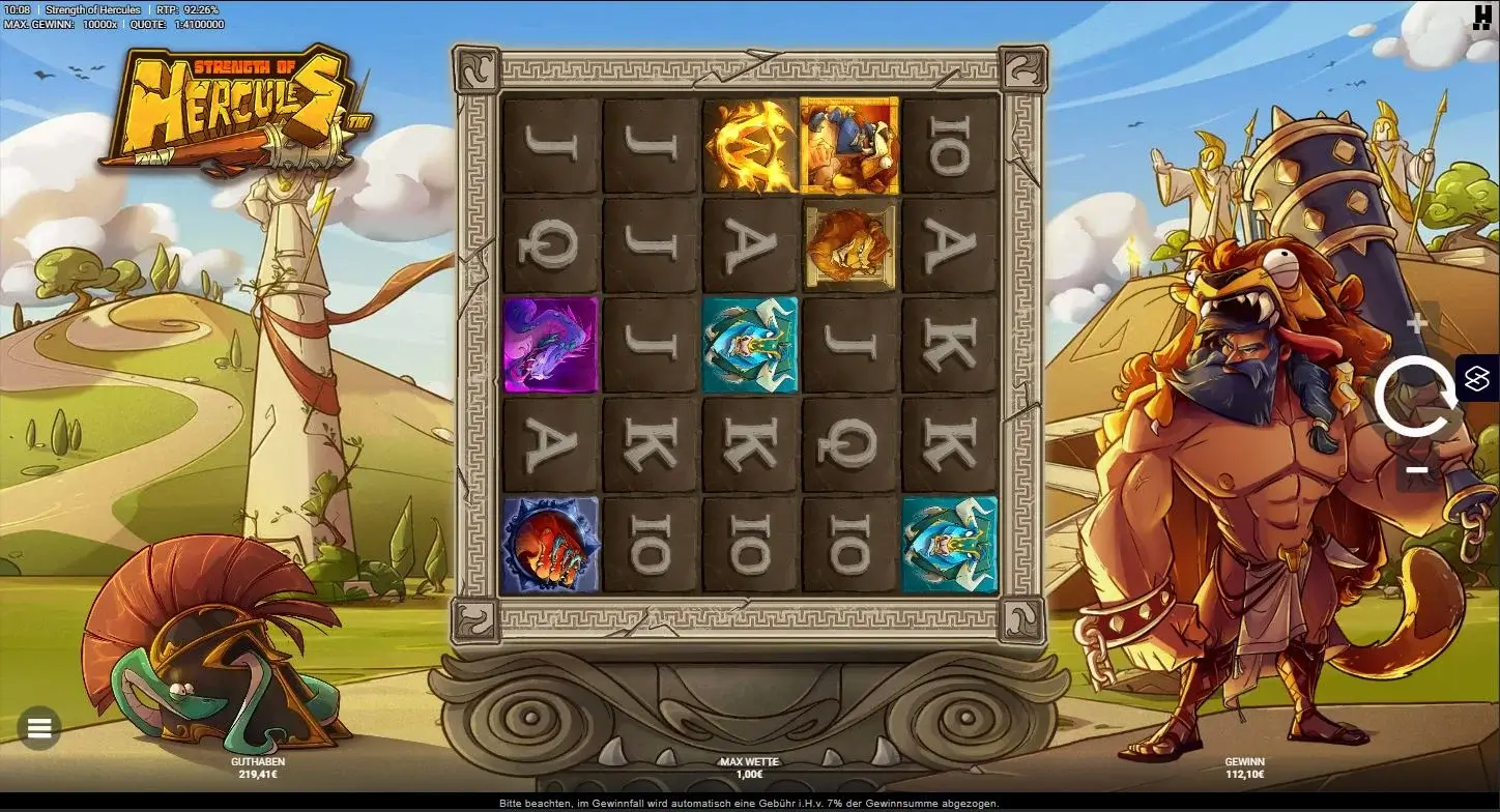 Gameplay des Strength of Hercules Slots mit Herkules, Bonus-Symbolen und Gewinnkombinationen