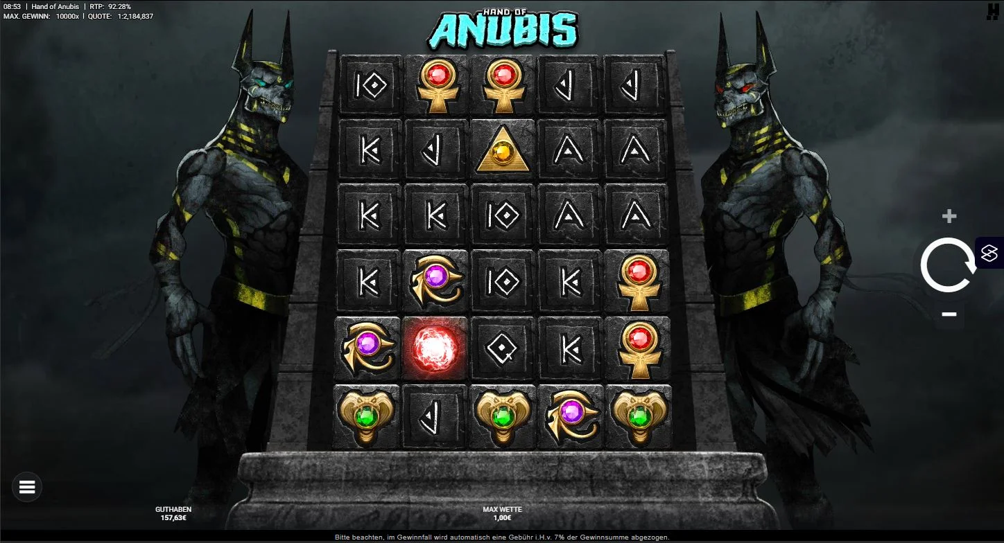 Hand of Anubis Slot Gameplay mit Anubis, Symbolen und Gewinnanzeige