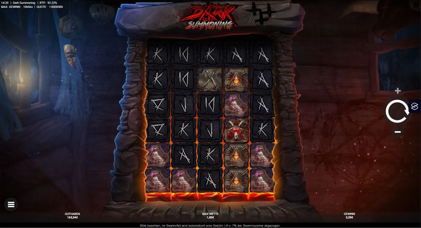 Dark Summoning Slot Gameplay mit Runen, dunkler Atmosphäre und Gewinnanzeige