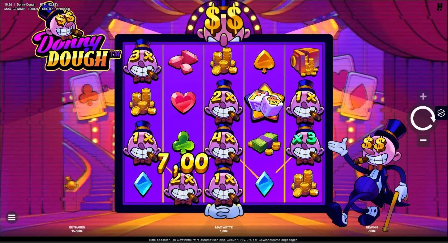 Gameplay des Donny Dough Slots mit Multiplikatoren, Cartoon-Figuren und buntem Casino-Design