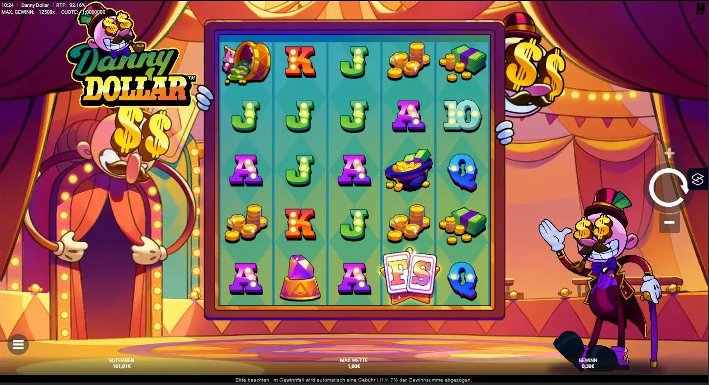 Gameplay des Donny Dough Slots mit Multiplikatoren, Cartoon-Figuren und buntem Casino-Design