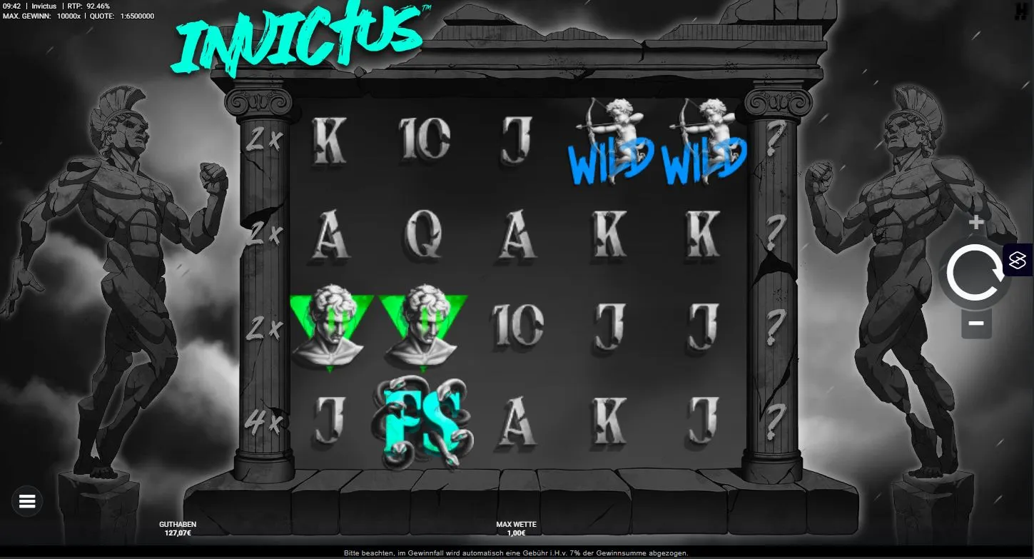 Gameplay des Invictus Online Slots mit Wilds, Multiplikatoren und antikem Gladiatoren-Thema
