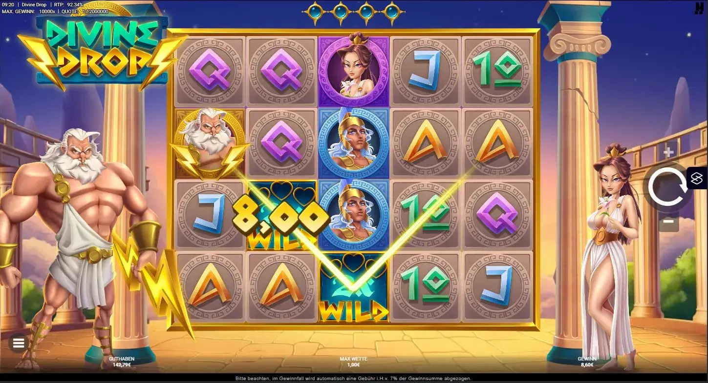 Gameplay des Divine Drop Slots mit Zeus-Symbolen, Wilds und antiker Mythologie