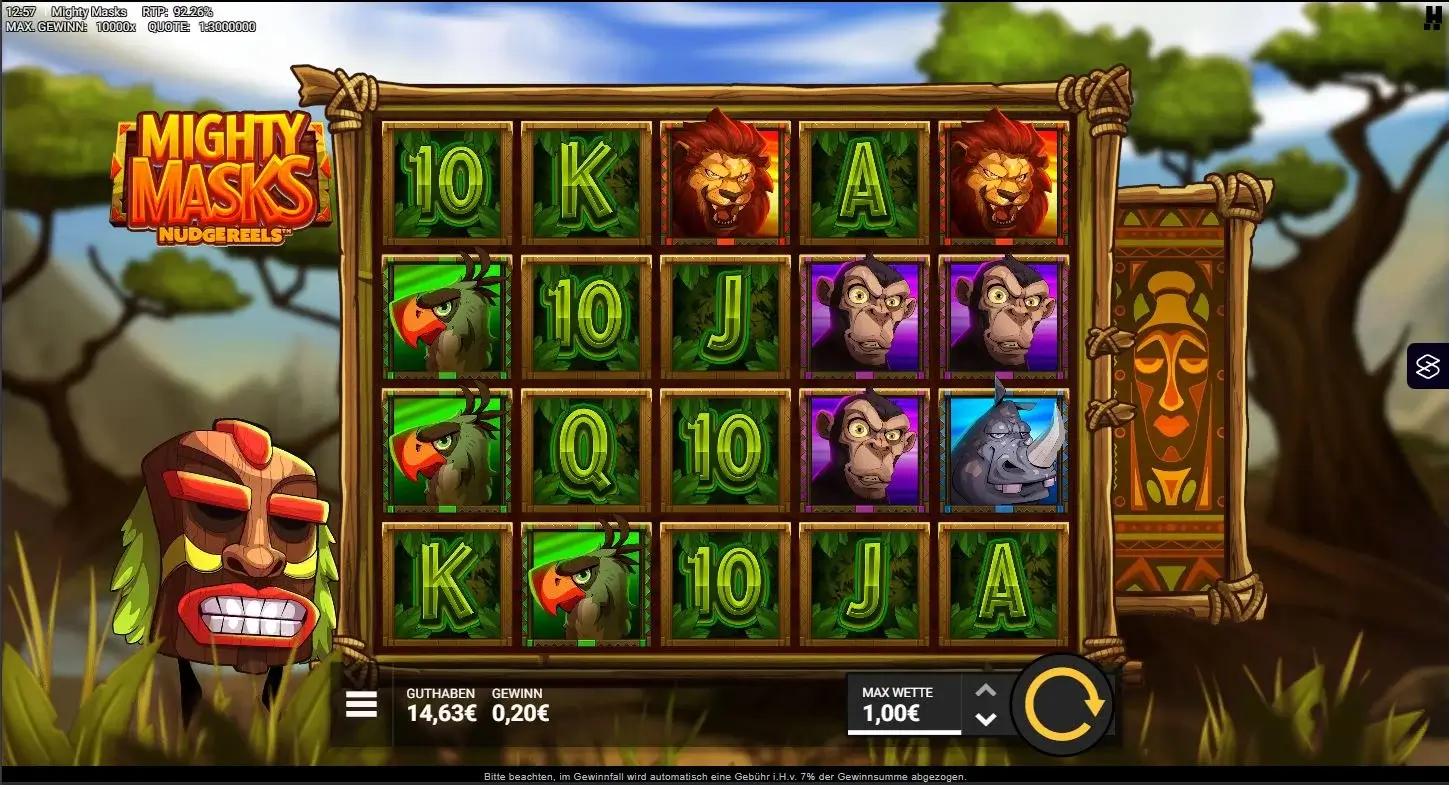 Mighty Masks Gameplay mit Tiermasken, Nudge Reels Feature und Gewinnlinien