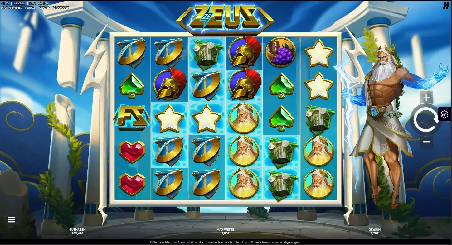 Gameplay des Ze Zeus Slots mit Cluster Pays System und griechischen Götter-Symbolen