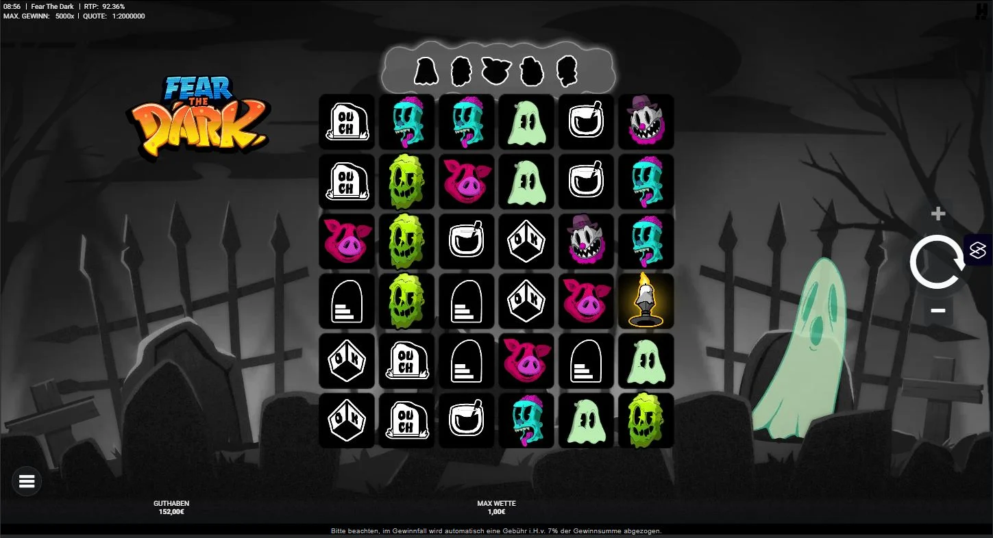Fear the Dark Slot Gameplay mit Cluster Pays, Symbolen und Gewinnanzeige