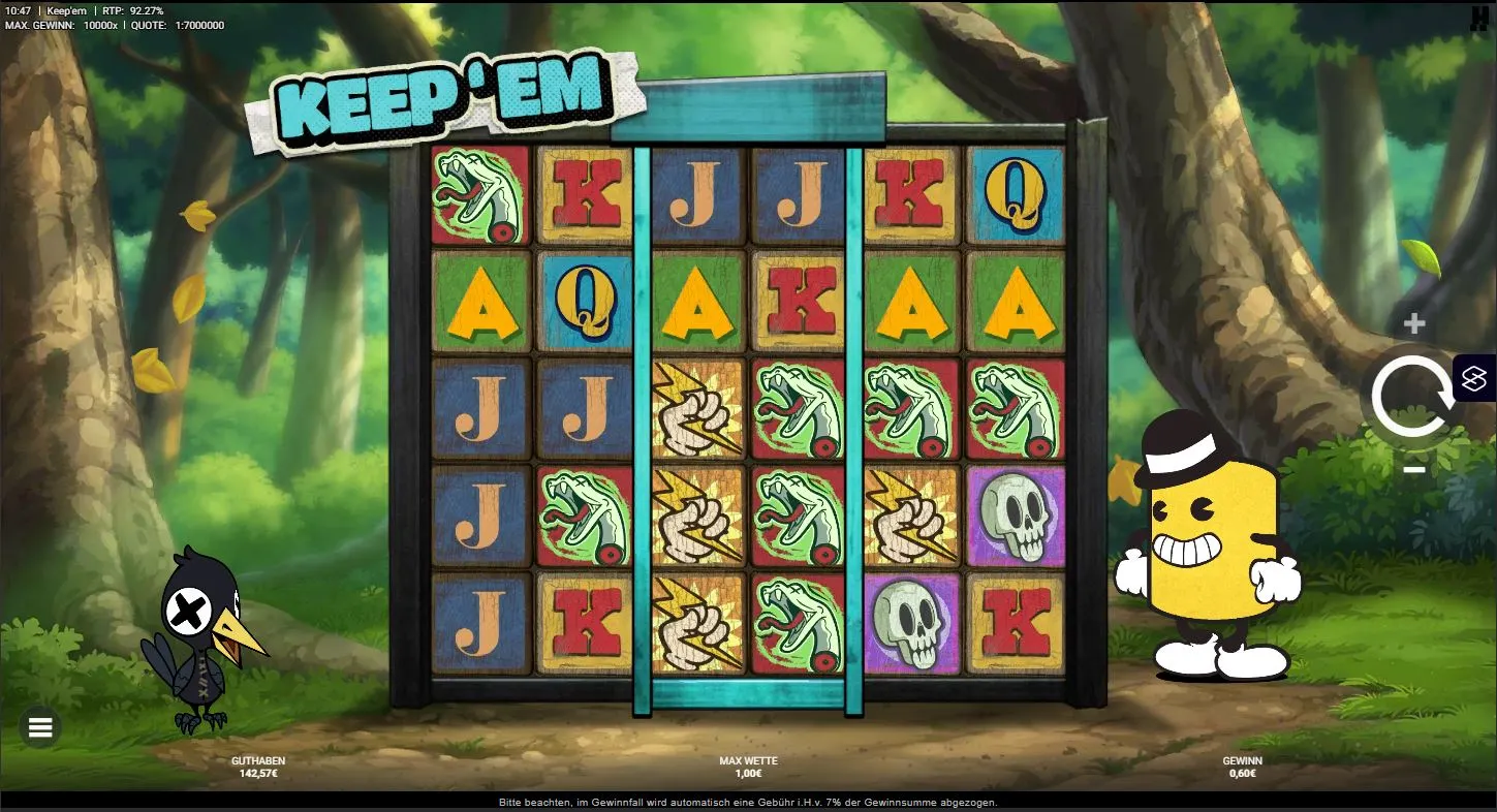Gameplay des Keep’em Slots von Hacksaw Gaming mit Tier-Symbolen und Wald-Hintergrund