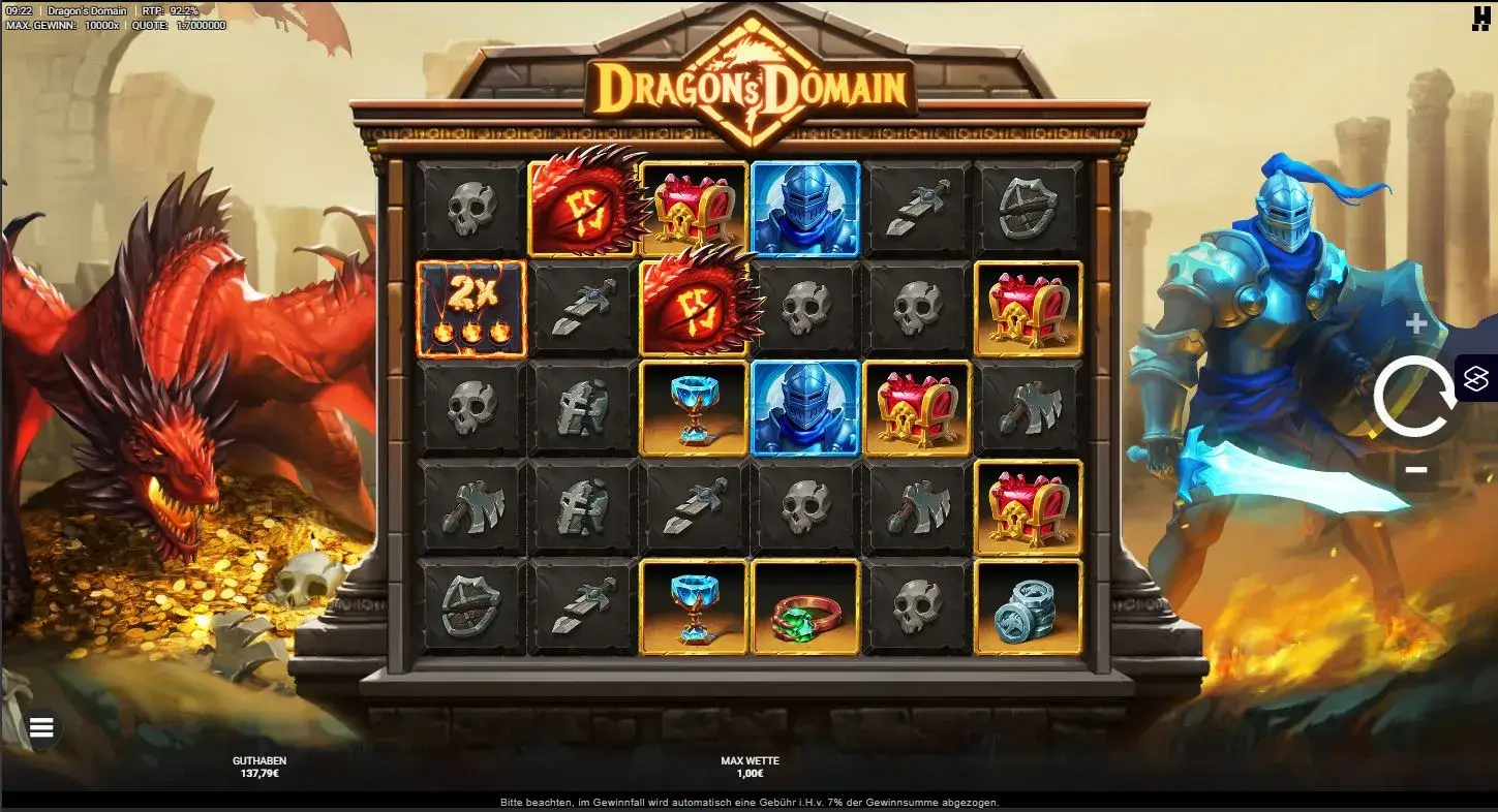 Gameplay des Dragon’s Domain Slots mit Drachen-Symbolen, Multiplikatoren und Fantasy-Setting