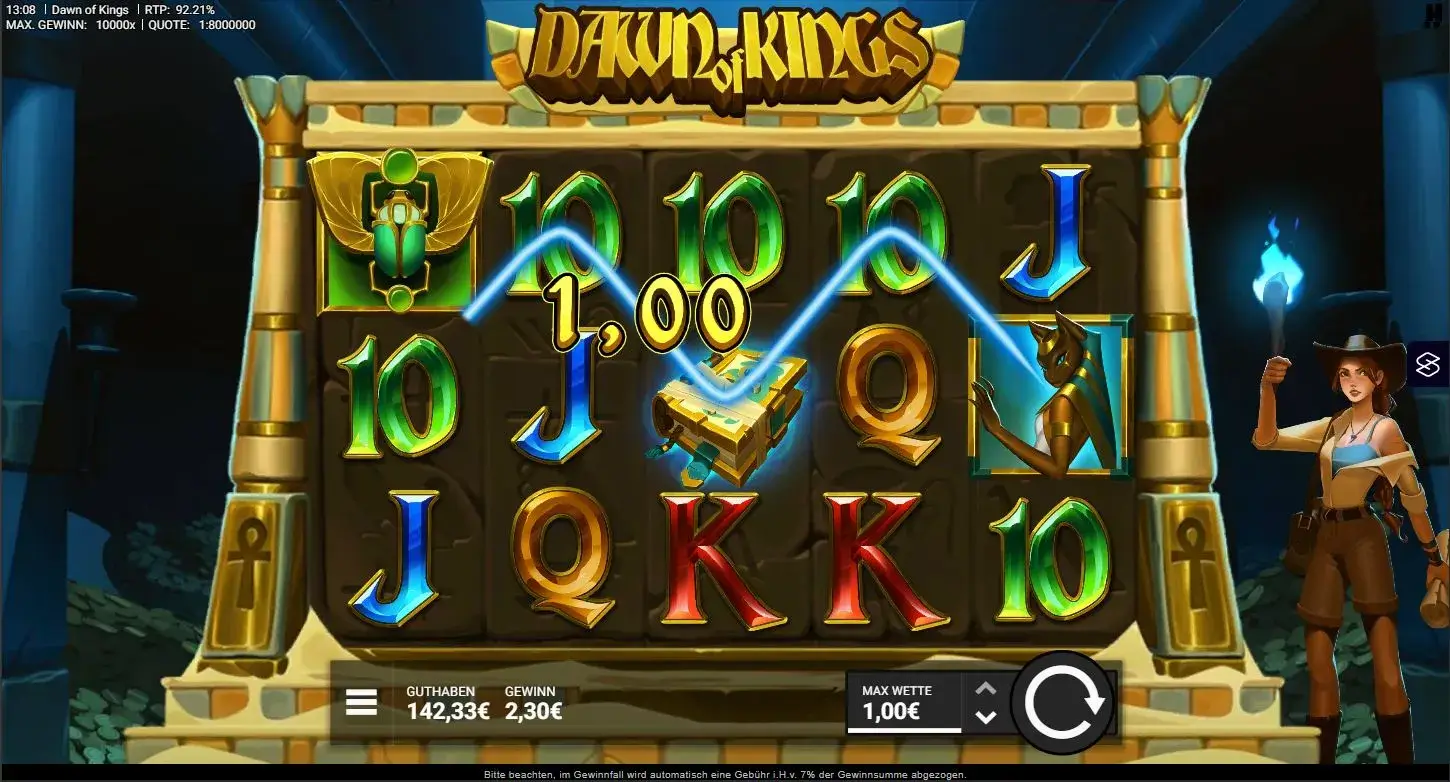 Gameplay des Dawn of Kings Slots von Hacksaw Gaming mit Walzen, Symbolen und Gewinnanzeige