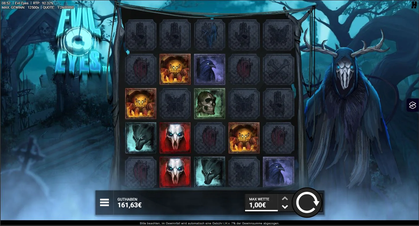 Evil Eyes Slot Gameplay mit Symbolen, Raster und Gewinnanzeige im düsteren Stil