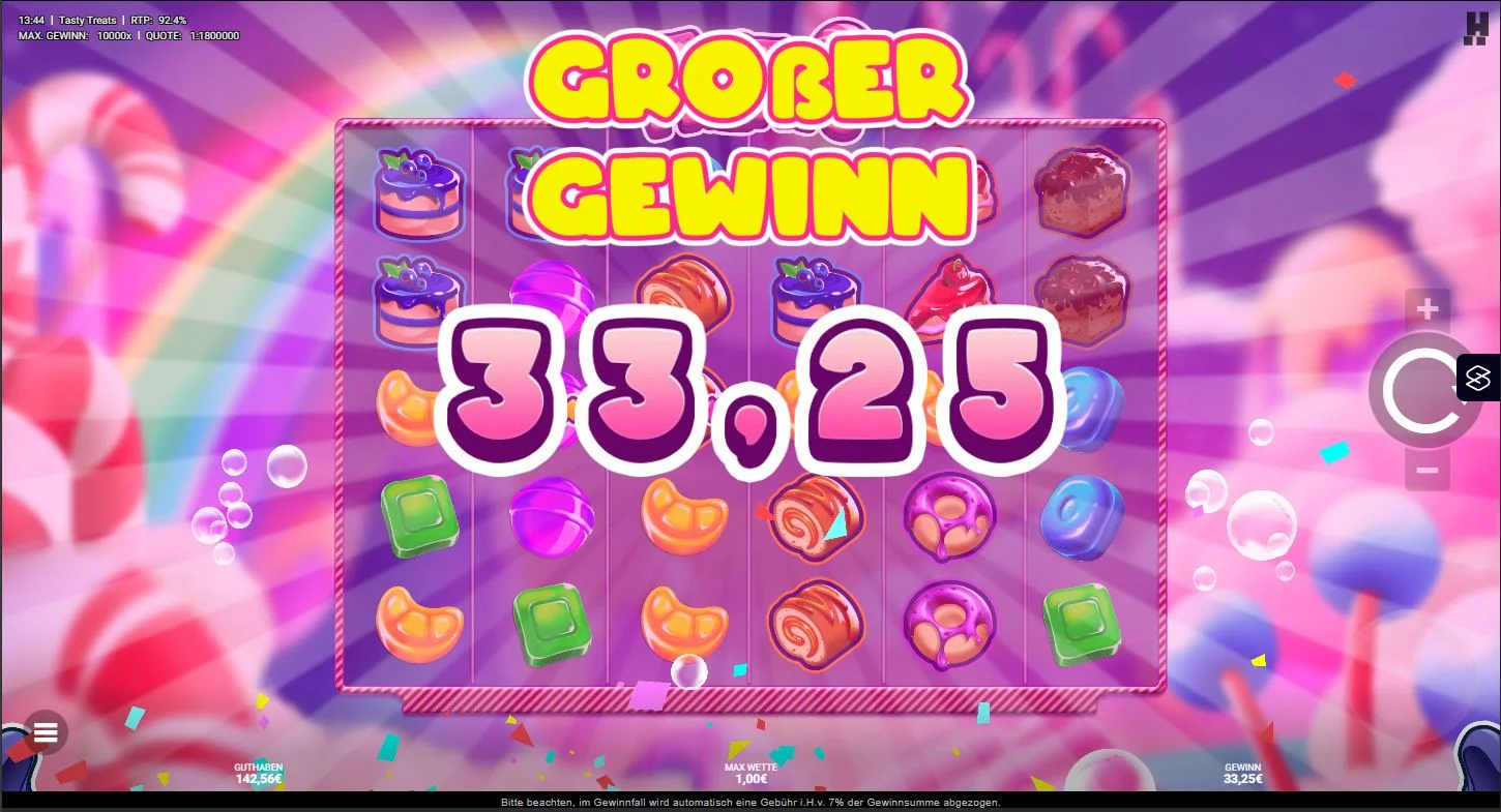 Tasty Treats Gameplay mit Bonbons, Gewinnanzeige und Bonus Feature
