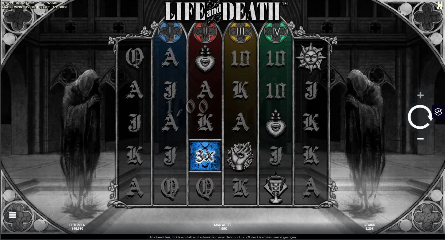 Life and Death Slot Gameplay mit Symbolen, Multiplikator und Gewinnanzeige