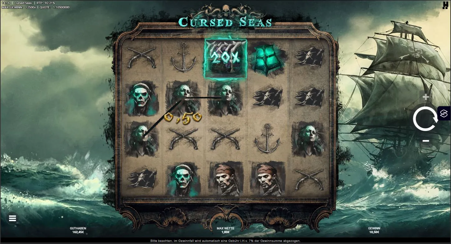 Cursed Seas Slot Gameplay mit Piraten Symbolen, Gewinnanzeige und Bonus-Feature