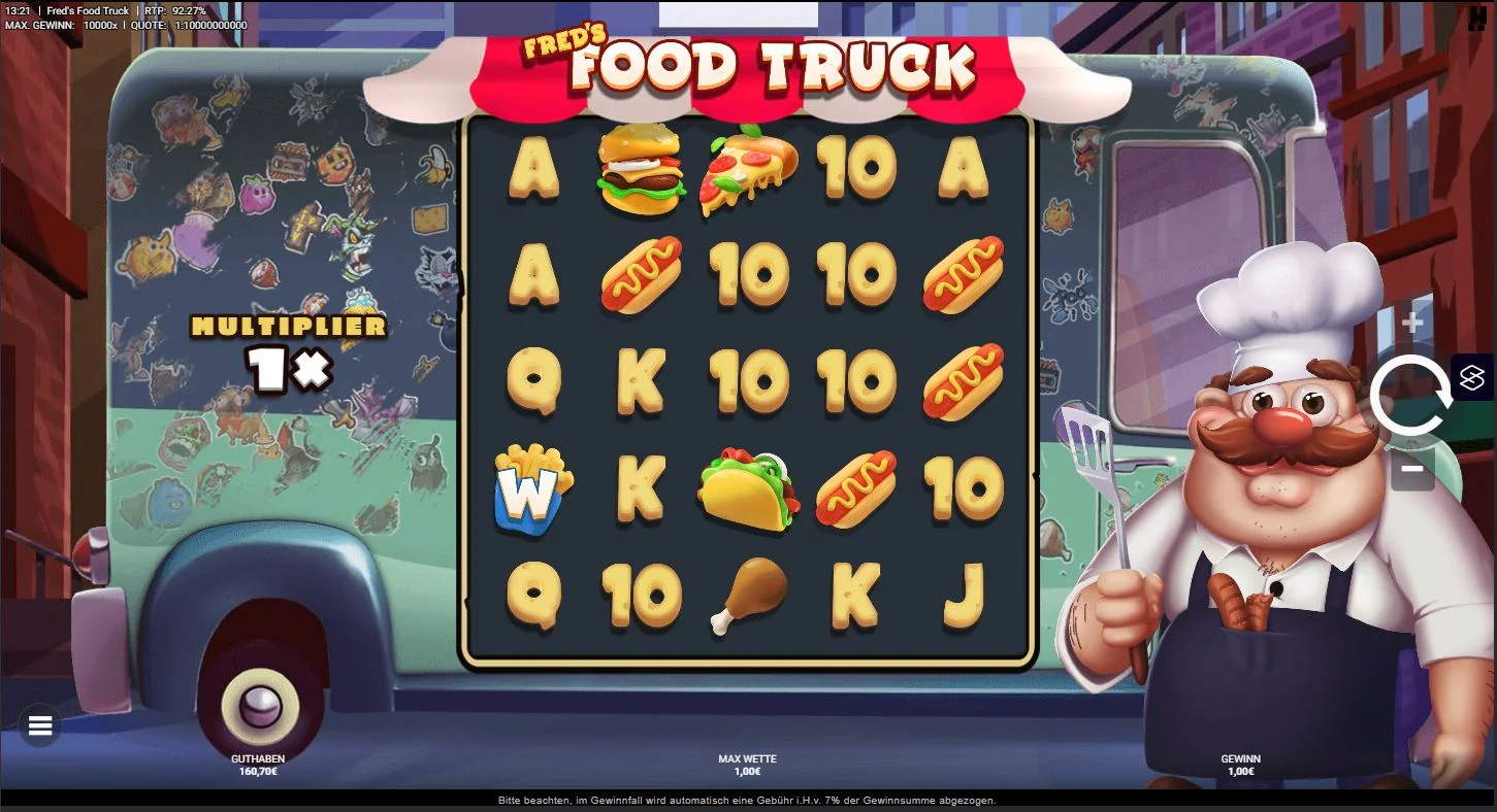 Fred’s Food Truck Gameplay mit Burgern, Symbolen und Gewinnanzeige