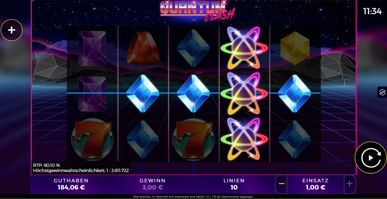 Quantum Clash Online Slot mit Neon Atom Symbolen, 10 Gewinnlinien, 1,00 Euro Einsatz und 90,10 Prozent RTP